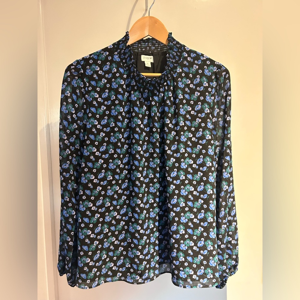 J. Crew Black Top with Blue Floral Design XL